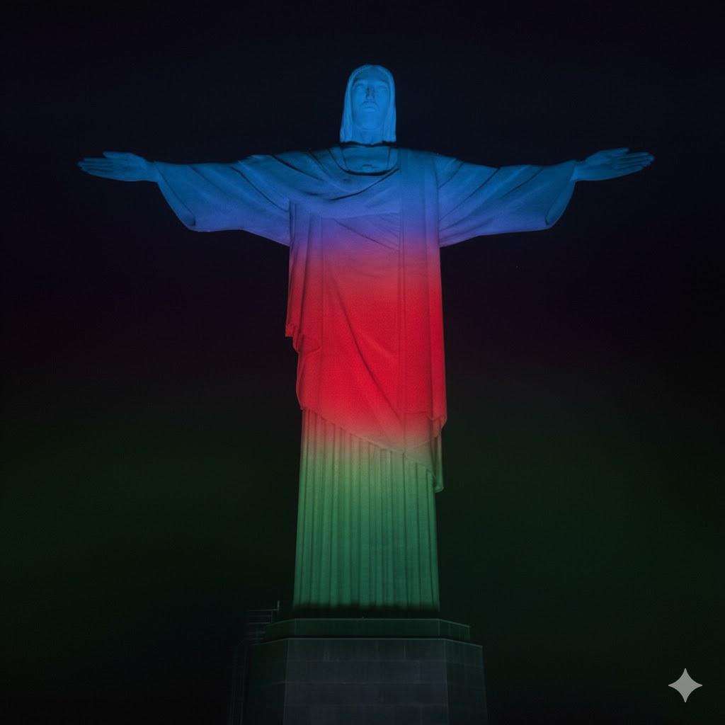 Cristo Redentor recebe iluminação pelo Dia Mundial do Resíduo Eletroeletrônico